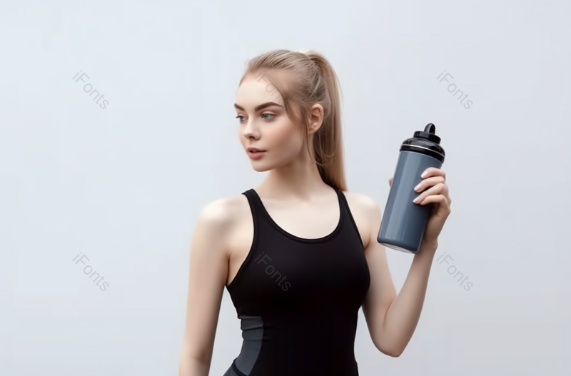 拿着水壶喝水的年轻女子白色背景,高清,摄影图,摄影图片,图片大全,摄影图免费下载